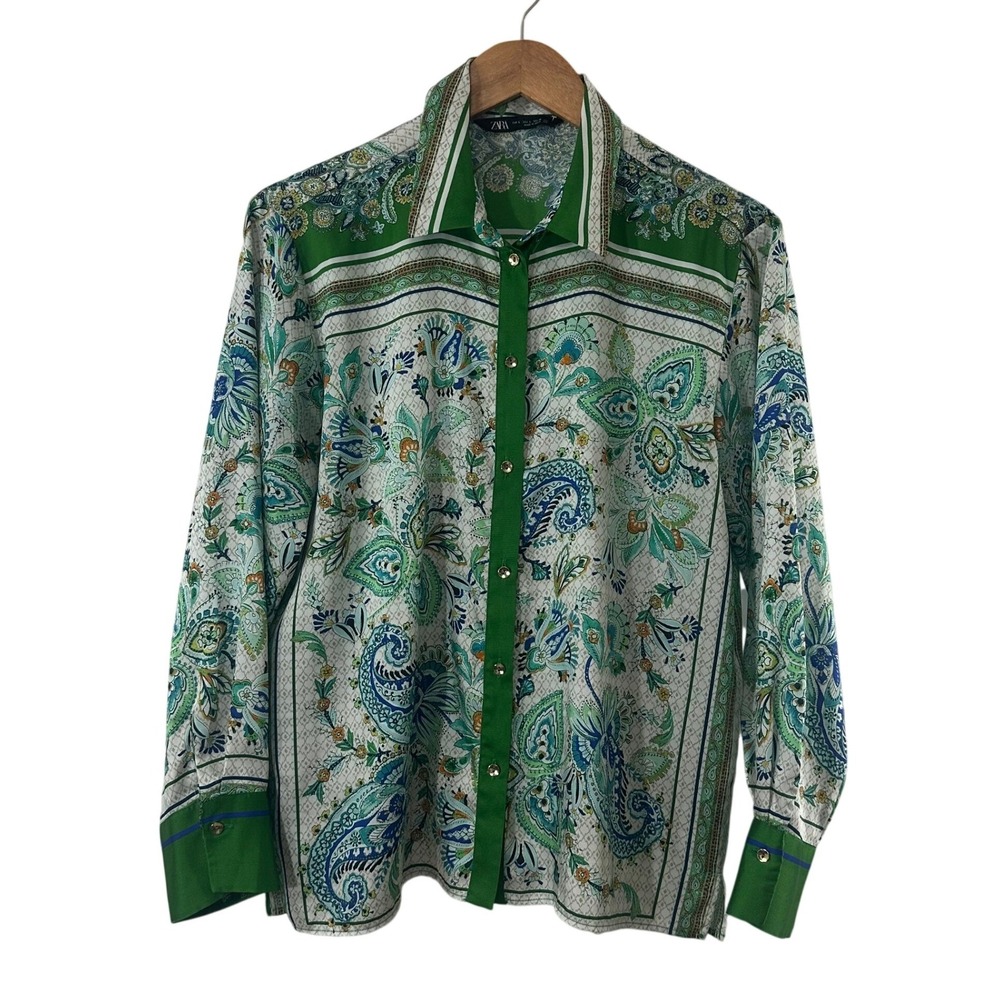 Zara Womens Green Paisley Scarf Print Button Down Shirt Large Long Sleeve Satin